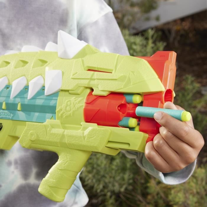 Nerf DinoSquad Armorstrike blaster a fléchettes, barillet rotatif 8 fléchettes, 16 fléchettes Nerf Elite, design d'ankylosaure