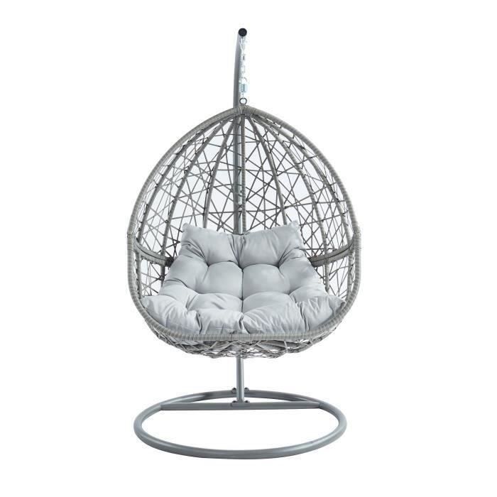 PORTO Fauteuil oeuf suspendu en résine tressée - Coussin en polyester - Gris