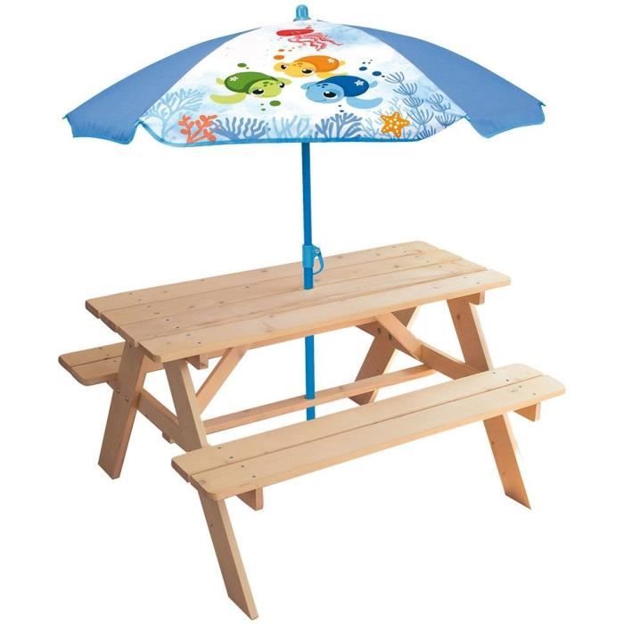 Mobili da giardino - FUN HOUSE - Tavolo da picnic in legno Ma Petite Carapace H.53xL.95xP.100 cm con parasole tartaruga H.125x100 cm