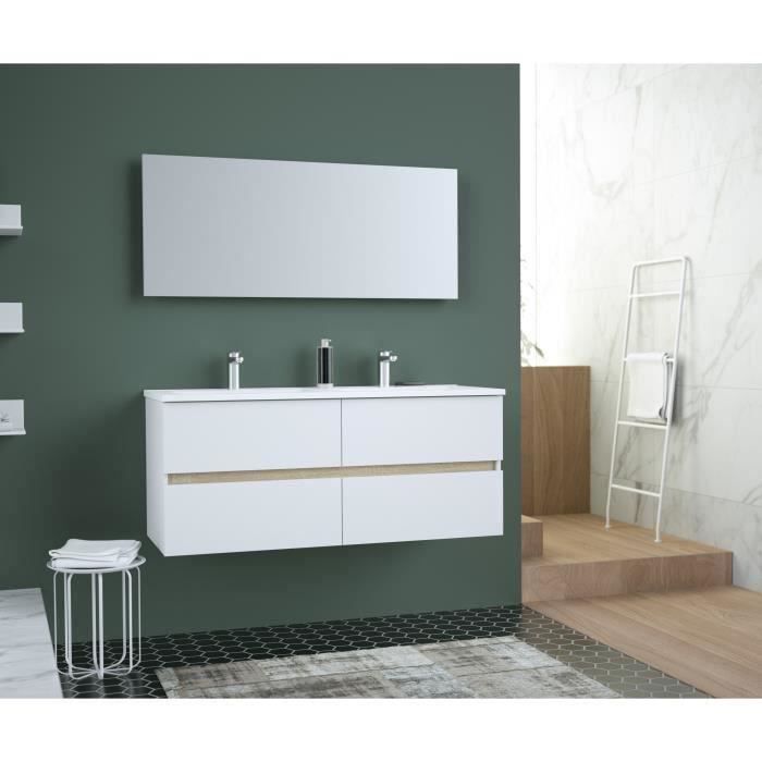 TOTEM Salle de bain 120cm - 4 tiroirs fermetures ralenties - double vasque en c?ramique + miroir