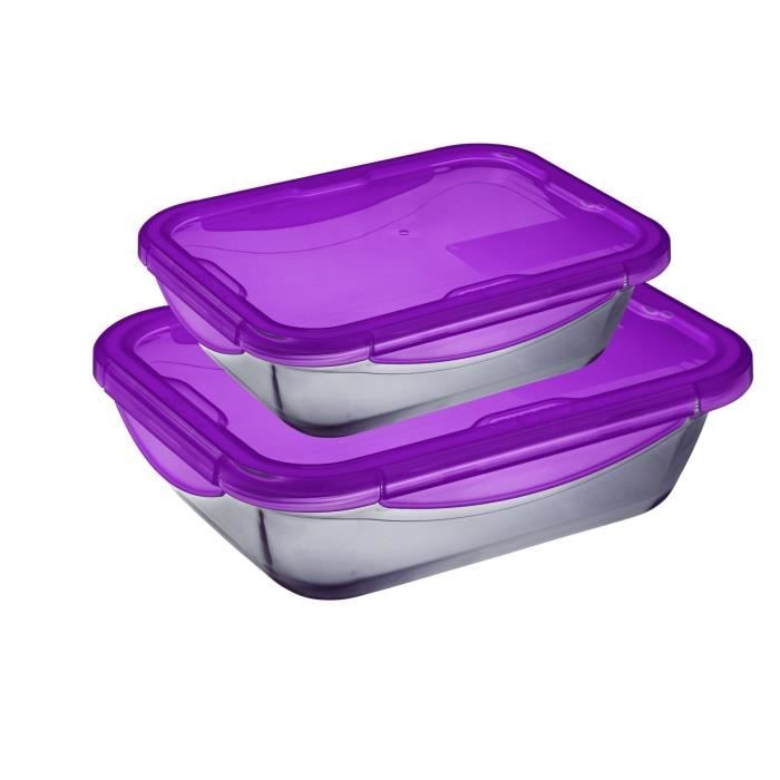 PYREX Cook&Go - Lot 2 boîtes rectangulaires avec couvercle violet - 20 x 15 cm + 24 x 18 cm