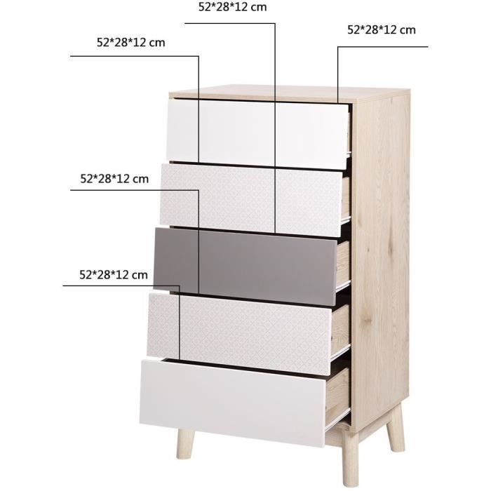 NEW SOFIA Chiffonnier - 5 tiroirs - Panneaux de particules - Chene Blanc Gris Motifs - Scandinave - L 60 x P 40 x H 110 cm