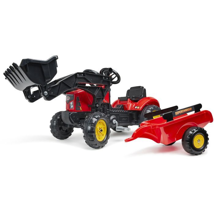 Red Supercharger pedal tractor with opening hood and trailer