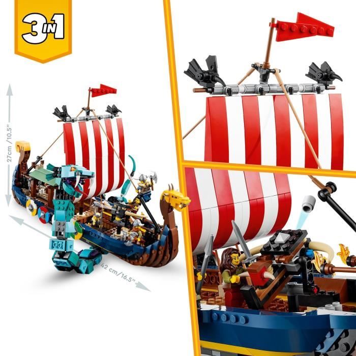 LEGO 31132 Creator 3-en-1 Le Bateau Viking et le Serpent de Midgard, Jouet Transformable en Maison avec un Dragon ou un Loup,
