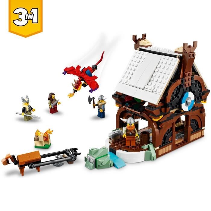 LEGO 31132 Creator 3-en-1 Le Bateau Viking et le Serpent de Midgard, Jouet Transformable en Maison avec un Dragon ou un Loup,