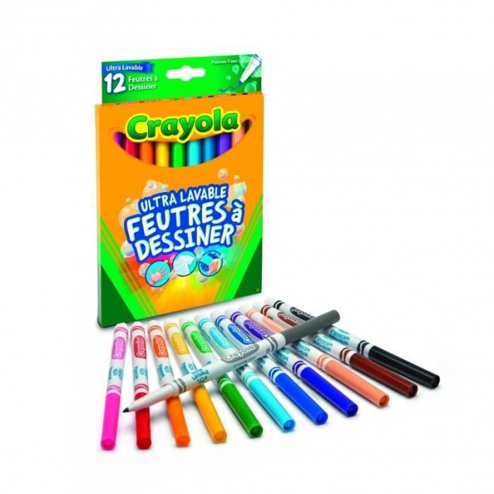 Crayola - 12 Feutres a dessiner ultra lavables (pointe fine) - boîte française - se nettoie sans frotter