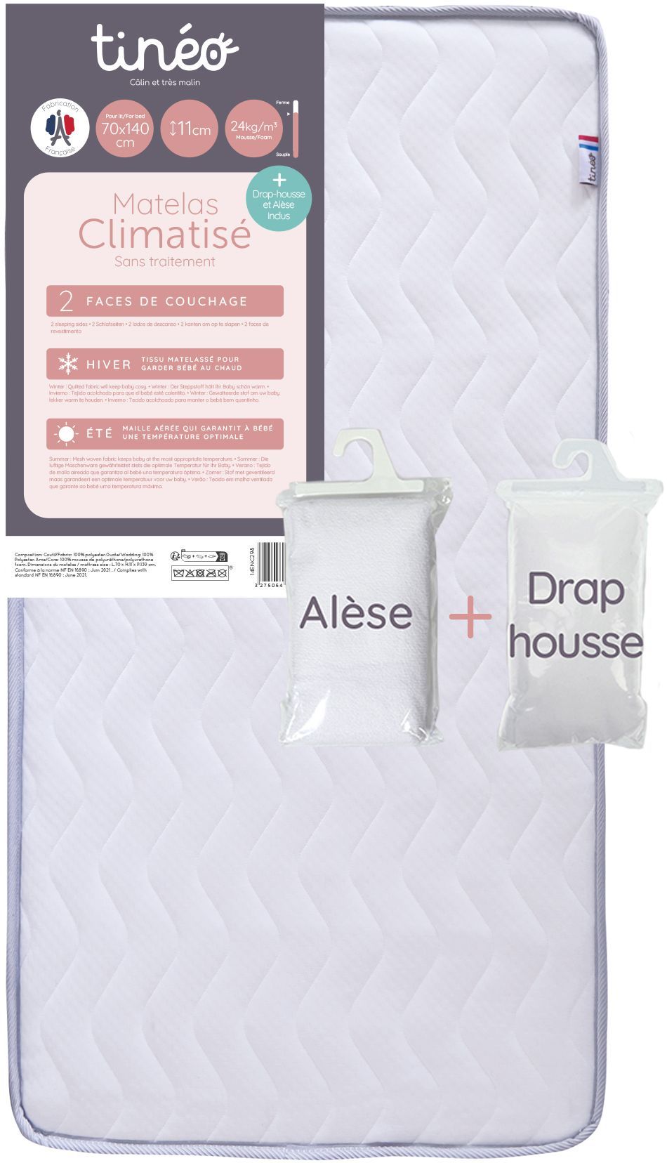 Matelas bébé climatisé - 70 x 140 cm - Epaisseur 11 cm - Avec Drap housse et Alese - TINEO