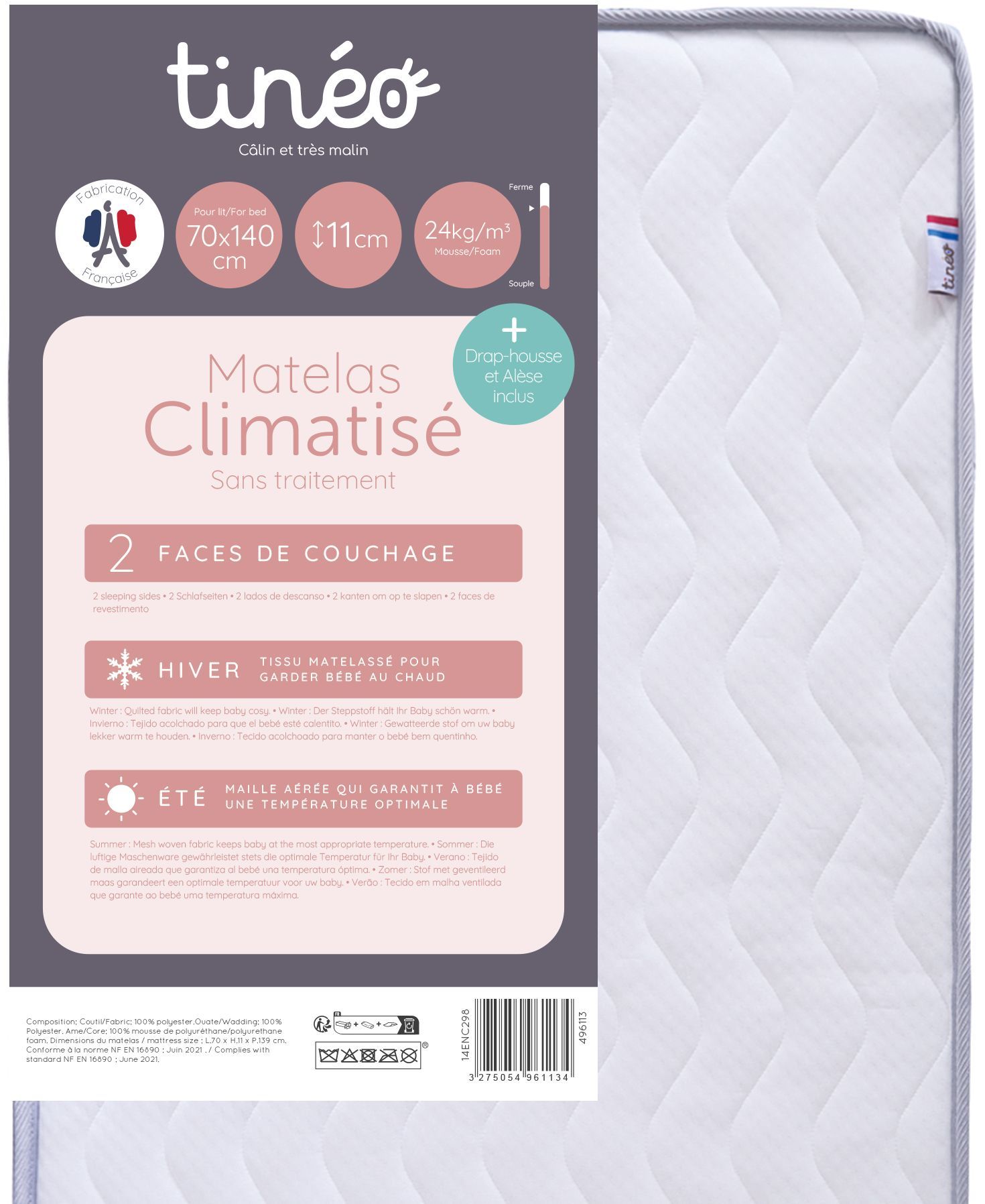 Image secondaire de Matelas bébé climatisé - 70 x 140 cm - Epaisseur 11 cm - Avec Drap housse et Alese - TINEO