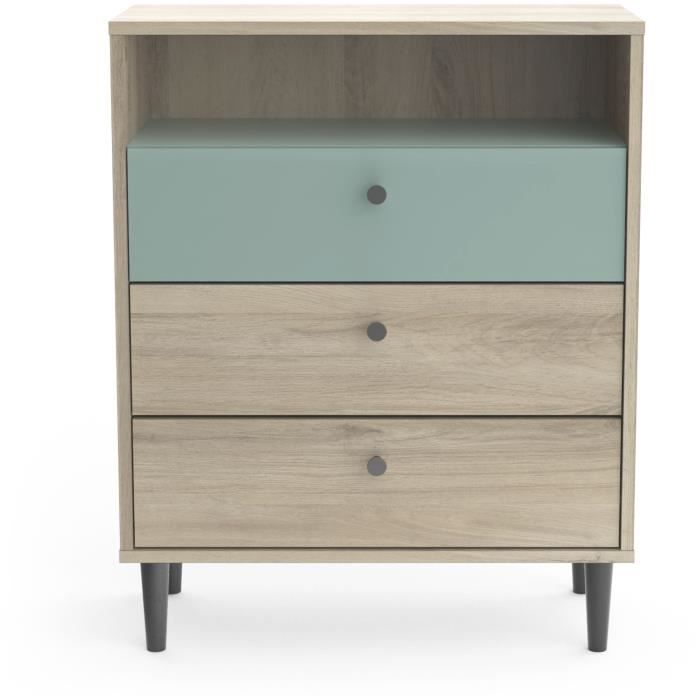 Commode ARTY 3 tiroirs, 1 niche - Décor chene Kronberg et mélaminé Vert de gris - L 60,7 x P 28,5 x H 75,7 cm - Demeyere