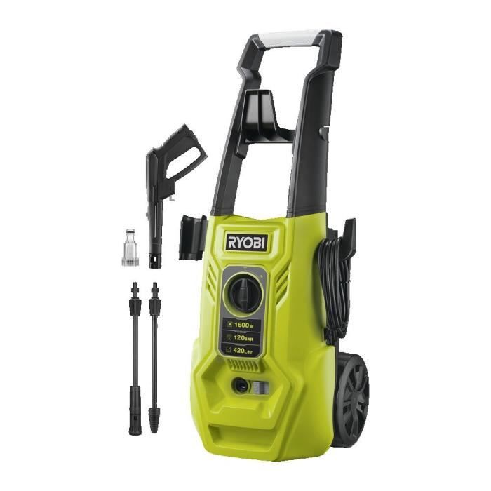 RYOBI - Nettoyeur haute pression 1600 W - 120 bars - 420 L - réservoir détergent 0,9 L intégré - lances vario et turbo - RY120P
