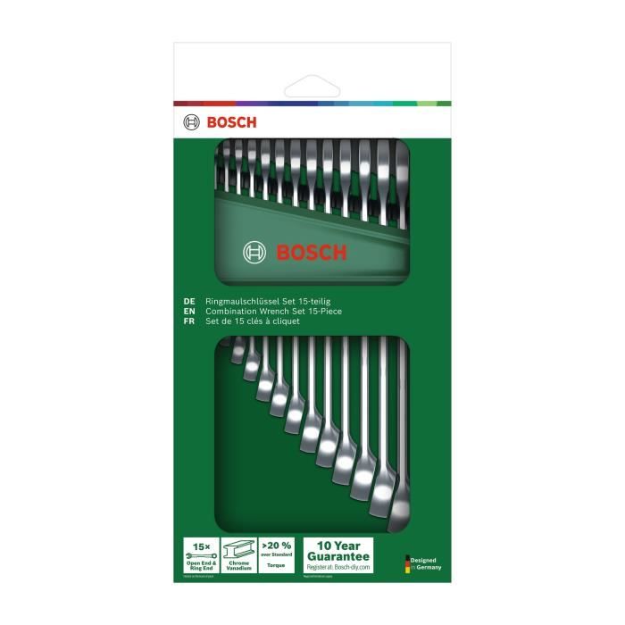 Juego de llaves combinadas Bosch de 15 piezas (llaves de boca universales robustas con sistema m�trico de 6-21 mm y dise�o ergon�mico)