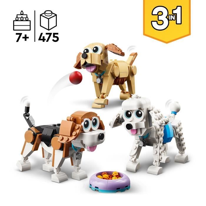 LEGO Creator 3-en-1 31137 Adorables Chiens, Figurines de Teckel, Carlin, Caniche, Enfants Des 7 Ans