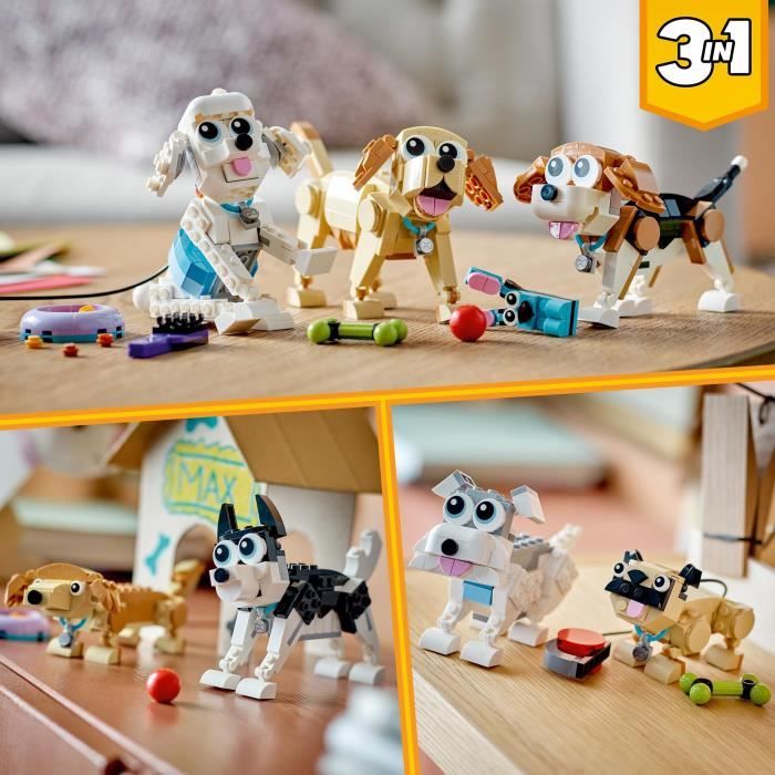 LEGO Creator 3-en-1 31137 Adorables Chiens, Figurines de Teckel, Carlin, Caniche, Enfants Des 7 Ans