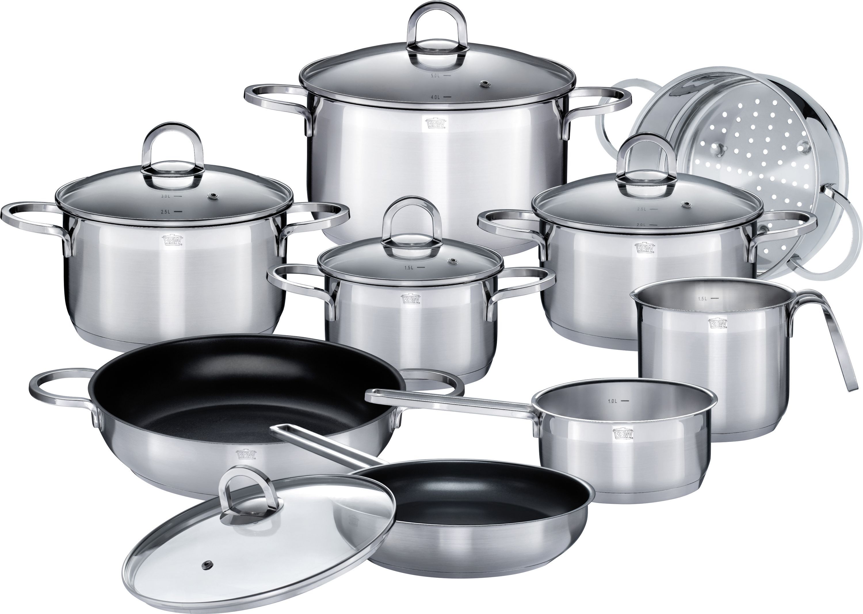 Batterie de cuisine - Induction - GSW - ALARA - Acier inoxydable massif 18/10 - 14 pieces
