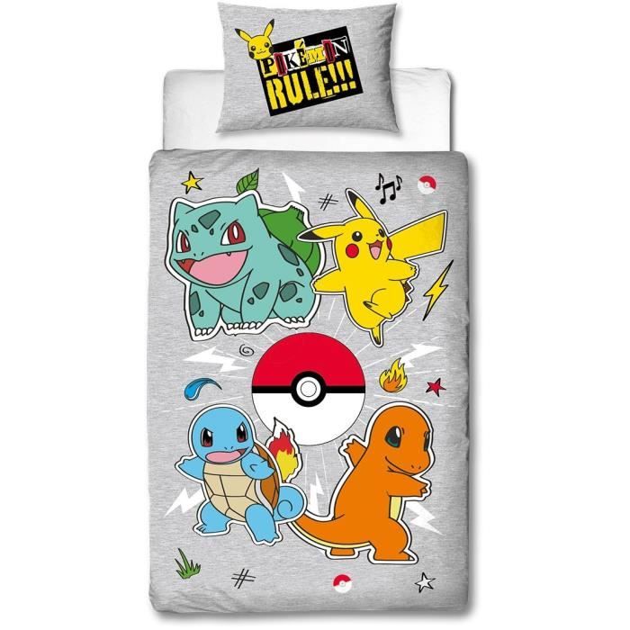 Image secondaire de Parure de lit réversible - POKEMON - Pikachu et Starter - Gris - Microfibre - 1 housse de couette 140 x 200 cm + 1 taie 63 x 63