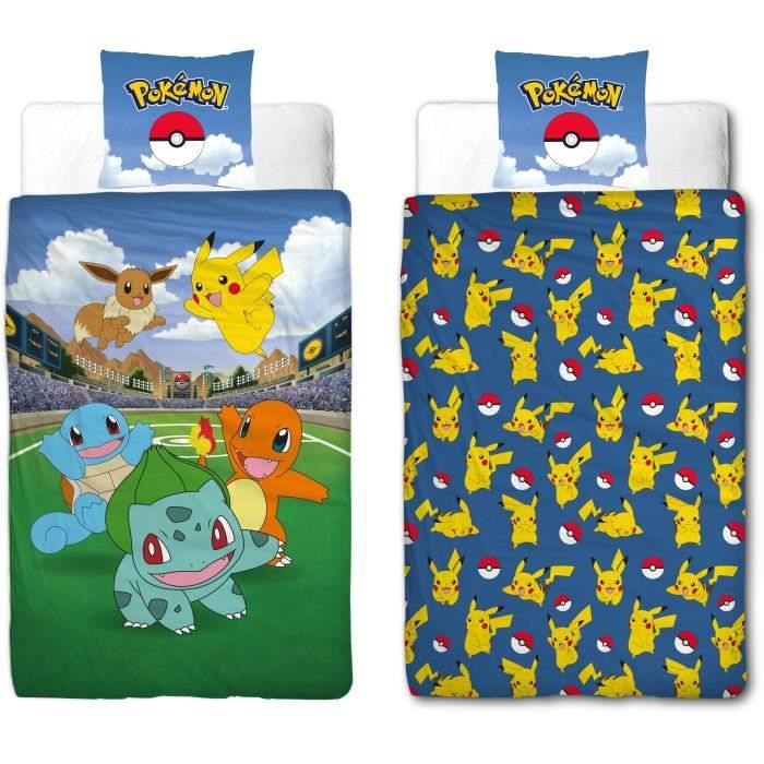 Parure de lit réversible - POKEMON - Pikachu et ses amis a l'Arena - Microfibre - 140 x 200 cm + 1 taie 63 x 63 cm