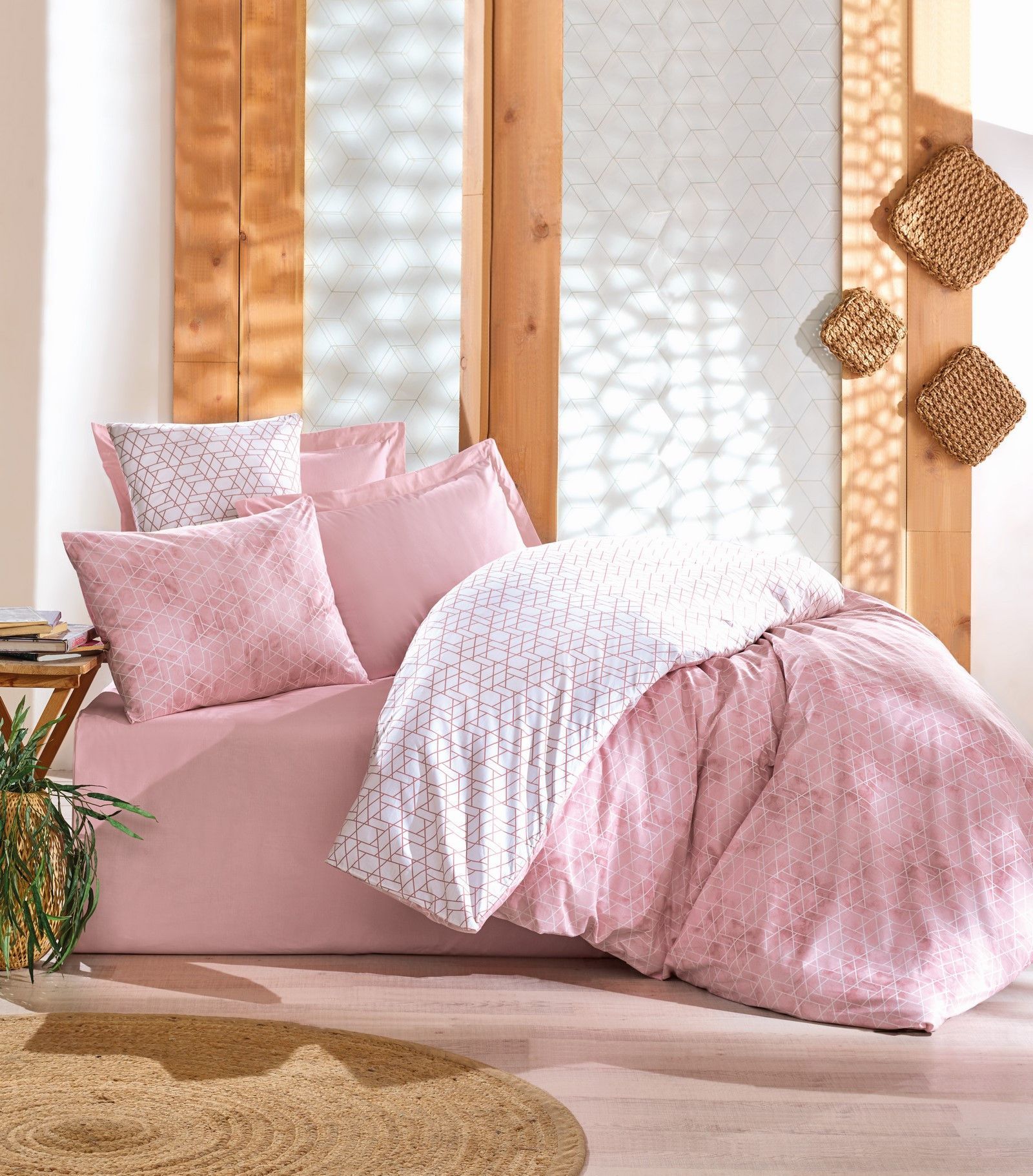 Parure de lit moderne en coton rose - Housse de couette 140x200 cm et 2 taies