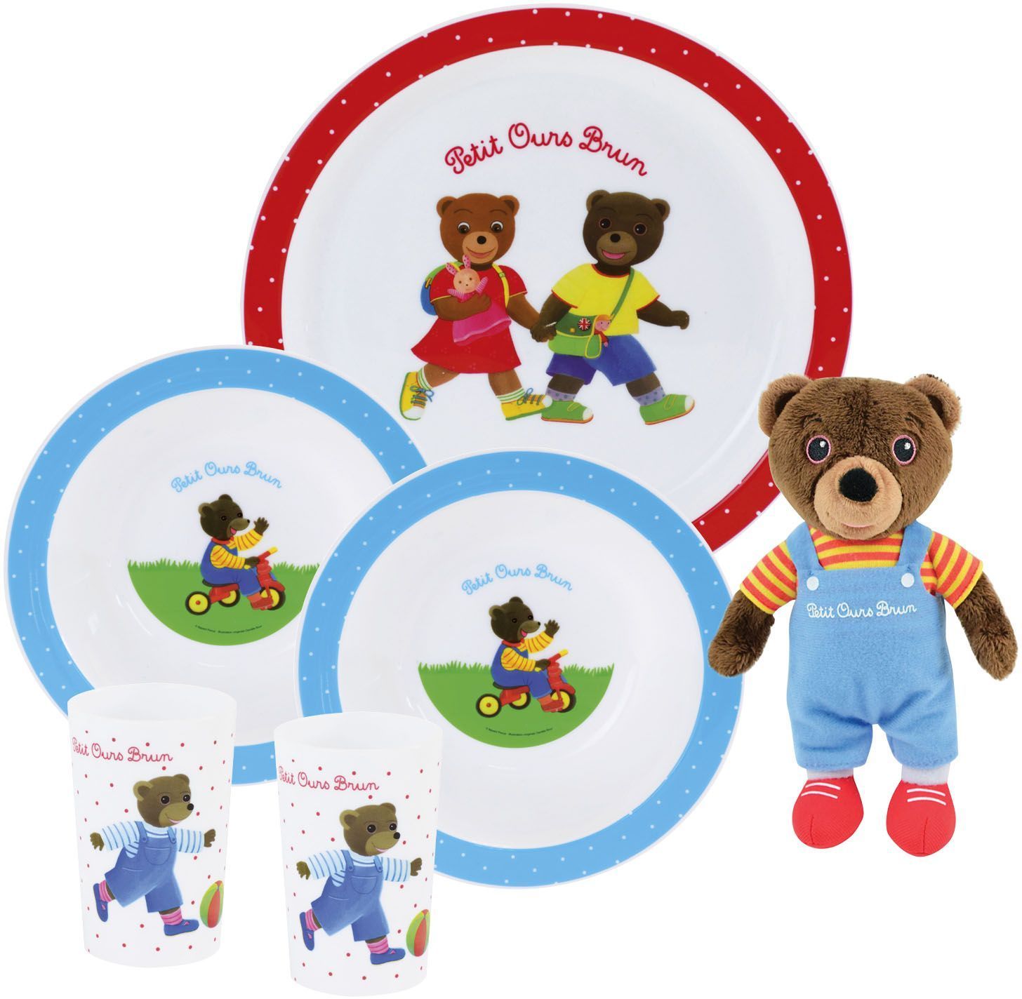 Lot vaisselle - FUN HOUSE - PETIT OURS BRUN - Assiette plate Ø 22 cm, 2 assiettes creuses Ø 16 cm, 2 verres 220 ml et peluche 18