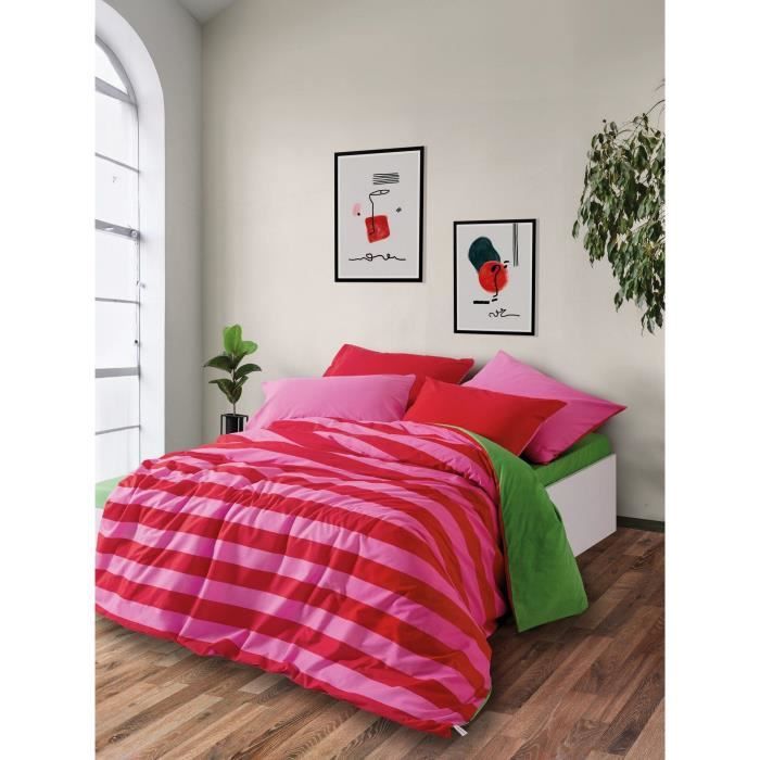 Image secondaire de Parure de lit - 1 housse de couette 220 x 240 cm + 2 taies d'oreiller 60 x 60 cm - 100% coton renforcé - Rose