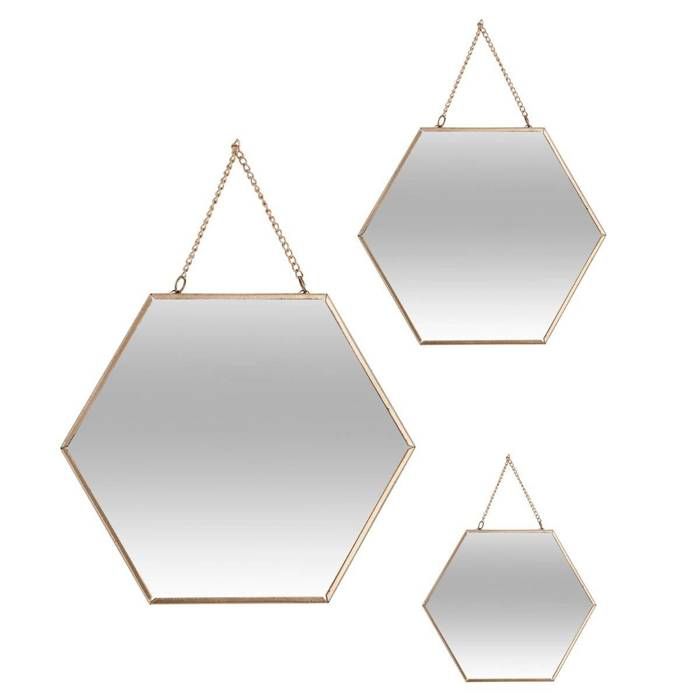 Lot de 3 miroirs en forme hexagonal - Métal - Doré