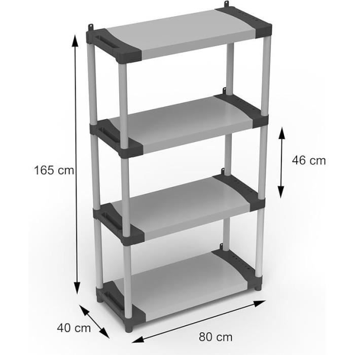 Plastic Shelf - Storage - 4 Shelves - 80 kg Load Per Shelf - 80x40x168 cm - Black/Grey