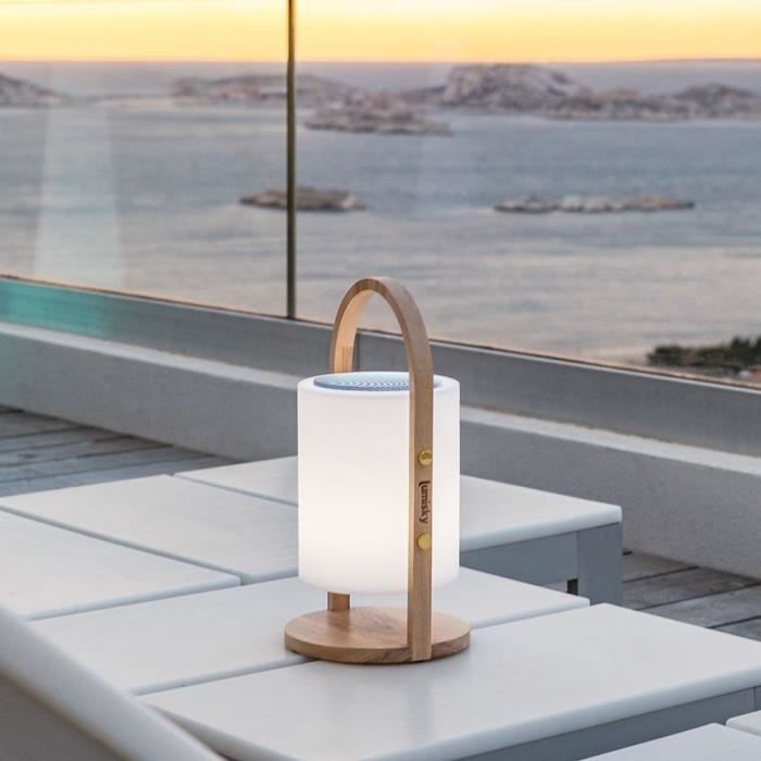 Image secondaire de Lampe enceinte bluetooth sans fil - LUMISKY - WOODY PLAY - H37 cm - Poignée bois - LED blanc et multicolore dimmable