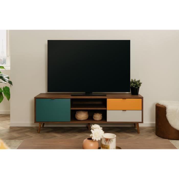 Meuble TV - Panneau - Pied en bois massif - Noyer foncé - Style rétro-vintage - L153 x P40 x H52 cm - CUBA