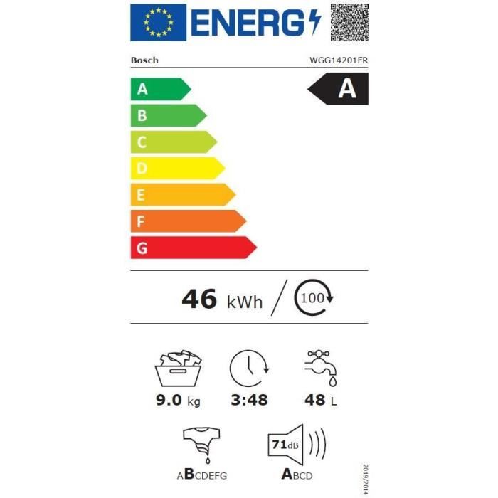 Lave-linge hublot BOSCH WGG14201FR SER6 - 9 kg - L59,8cm - Induction -1200 trs/min - Classe A - Blanc