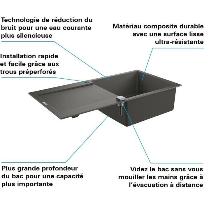 Evier 1 bac K500 GROHE - Egouttoir gauche - A encastrer - Installation rapide - L 100 x P 50 cm - Quartz composite