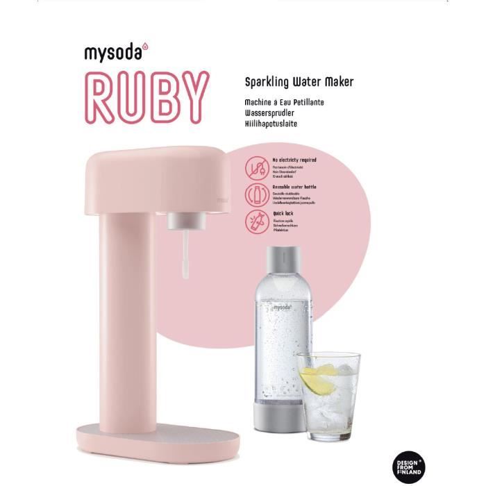 MYSODA Machine a Soda Ruby Pink, 1 bouteille 0.5L , 1 bouteille 1L, 1 cylindre de CO2