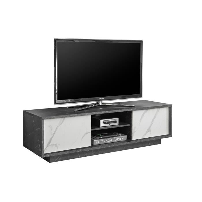 Meuble Tv 2 portes - Décor Marbre noir et Blanc - L 138 x P 44 x H 43 cm - NERO