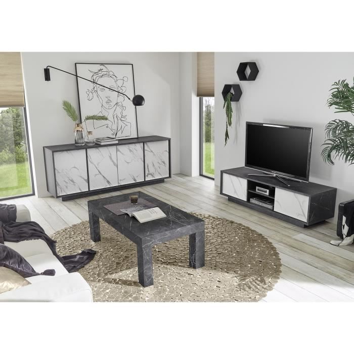 Meuble Tv 2 portes - Décor Marbre noir et Blanc - L 138 x P 44 x H 43 cm - NERO