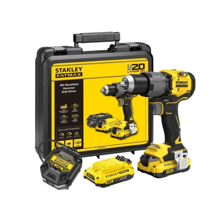 Perceuse visseuse a percussion sans fil + 2 batteries 2Ah + chargeur - 18V - Stanley Fatmax - Brushless - SFMCD725D2K-QW