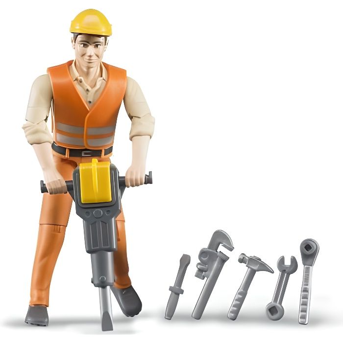 BRUDER - Figurine ouvrier avec accessoires de chantier - 10,7 cm