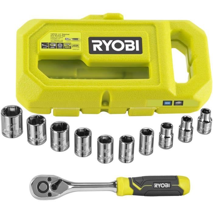 Caja de 1 llave de 90 dientes (�ngulo de recuperaci�n de 4�), 8 vasos (de 8 a 15 mm) y adaptador 1/4'' -> 3/8'' - Compatible con Ryobi LINK