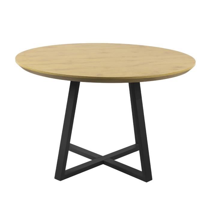 Table a manger OLIVIA - Ronde - Décor chene et métal noir - Style industriel - 4 personnes - L 120 x P 120 x H 76 cm