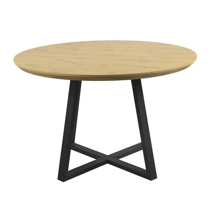 Table a manger OLIVIA - Ronde - Décor chene et métal noir -  Style industriel - 4 personnes - L 120 x P 120 x H 76 cm