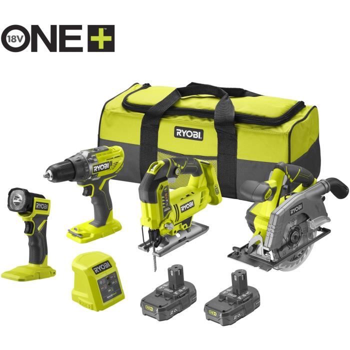 RYOBI Pack 4 outils : perceuse-visseuse, scie sauteuse, scie circulaire, lampe LED + 1 grand sac, 2 batteries 2 Ah + 1 chargeur 1,5A