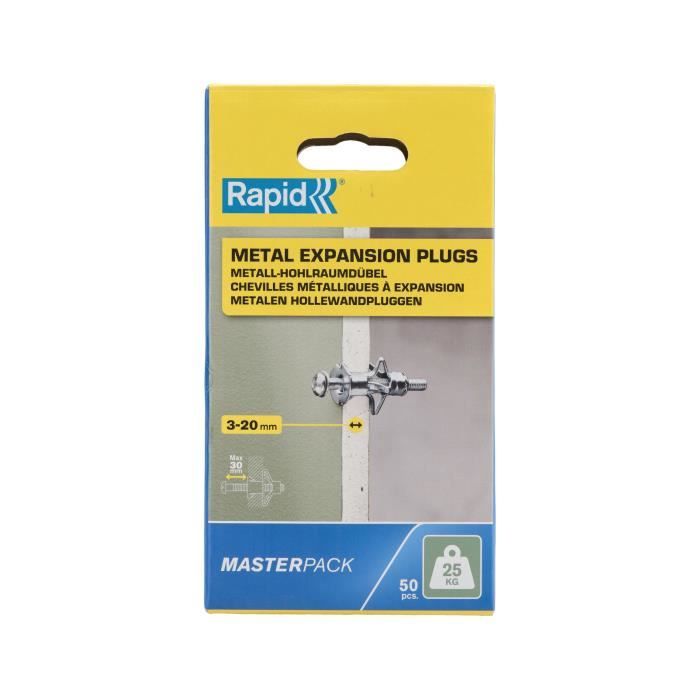 Chevilles a expansion métal pour cloison plâtre - RAPID - Ø8 - 3-20mm - Lot de 50 - Charge max 25 kg - 5001562