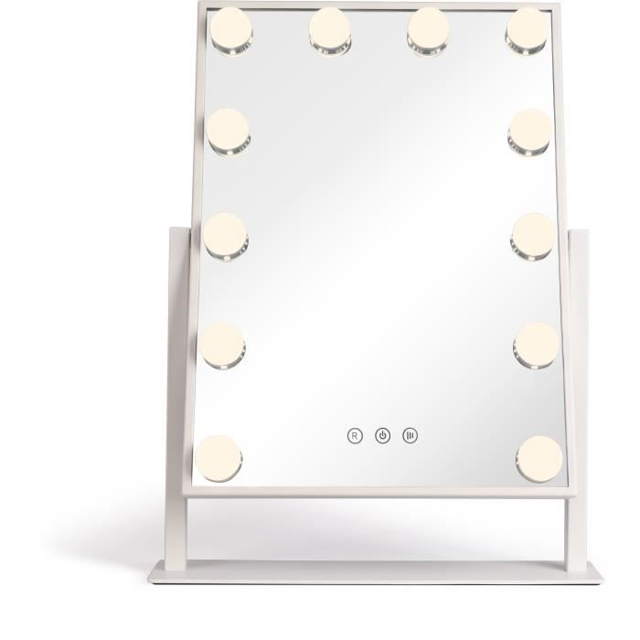 LIVOO DOS182 - Miroir maquillage Hollywood 36 x 47cm - Miroir lumineux rectangulaire sur pied - 3 éclairages - 12 LEDs