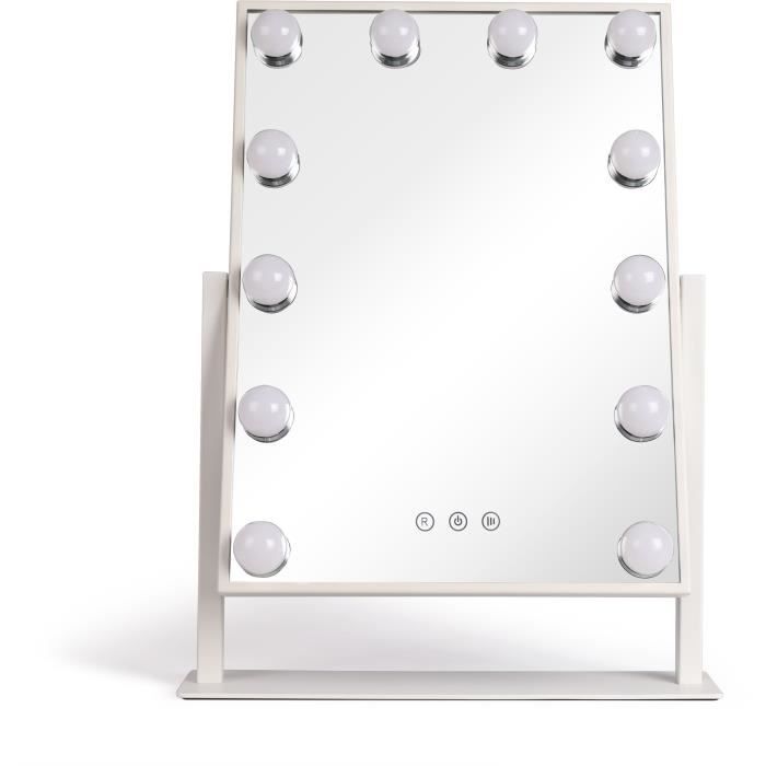 LIVOO DOS182 - Miroir maquillage Hollywood 36 x 47cm - Miroir lumineux rectangulaire sur pied - 3 éclairages - 12 LEDs