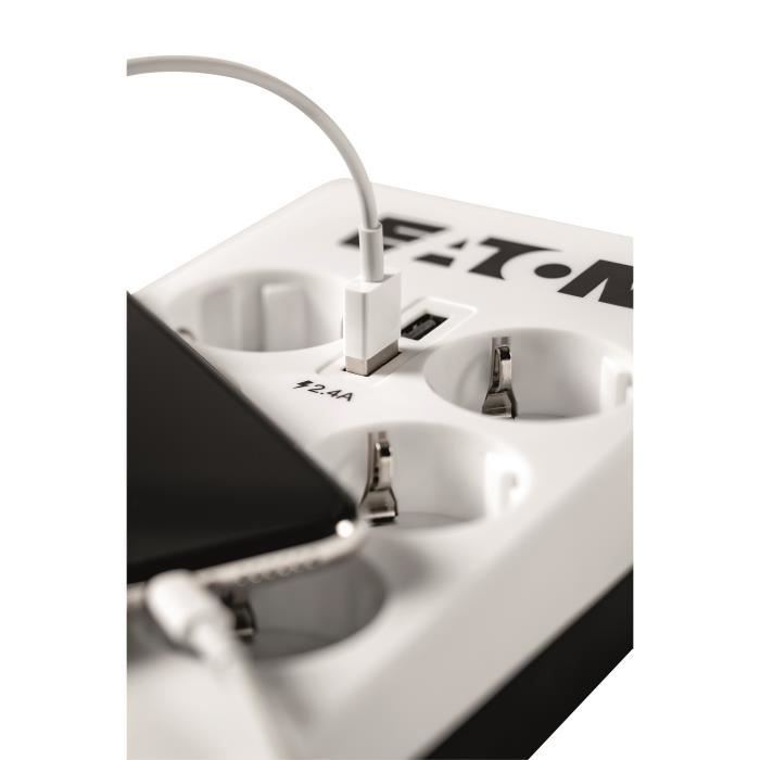 Multiprise/Parafoudre -Eaton Protection Box 6 USB DIN - PB6UD - 6 prises DIN européennes + 2 ports USB - Blanc & Noir