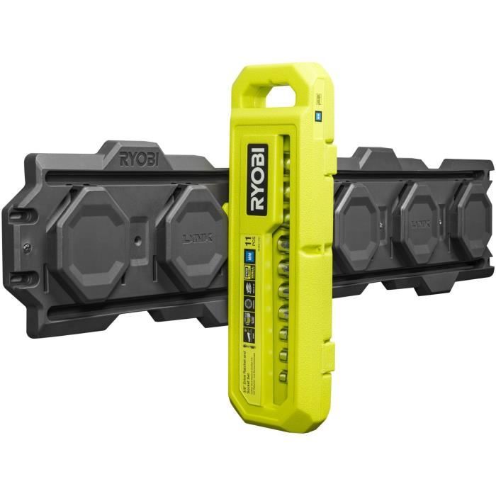 Caja de 1 llave de 90 dientes (�ngulo de 4�) y 10 vasos de 3/8'' (de 8 a 15 mm, 16 y 17 mm) - Caja compatible con Ryobi LINK