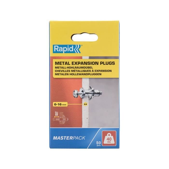 Chevilles à expansion métal pour cloison plâtre - RAPID - Ø11 - 6-16mm - Lot de 50 - Charge max 40 kg - 5001563