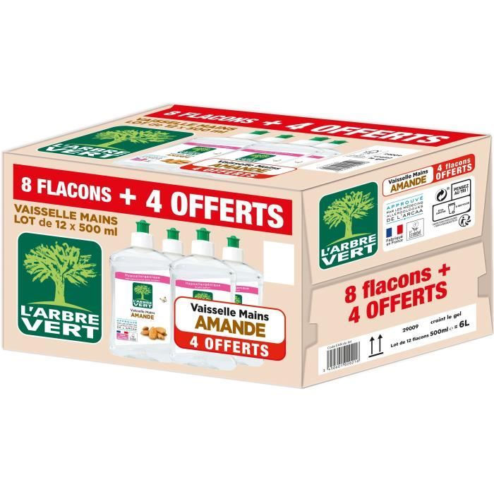 L'ARBRE VERT Carton Liquide vaisselle Amande 500 ml - 8 + 4 flacons offerts