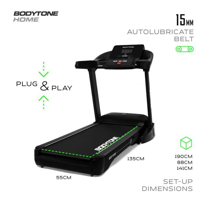Tapis de course - Moteur de 4HP - Surface de course XXL 135x55 cm - Vitesse maximale de 20 km/h - BODYTONE DT21