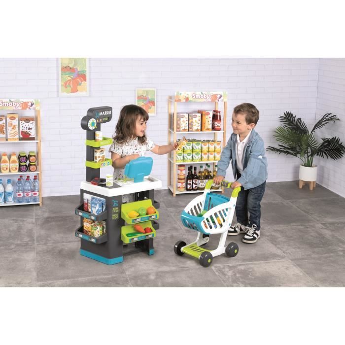 Smoby Marchande Supermarché pour Enfant - Chariot de Course Inclus - Vraie Calculatrice - 34 Accessoires - des 3 ans
