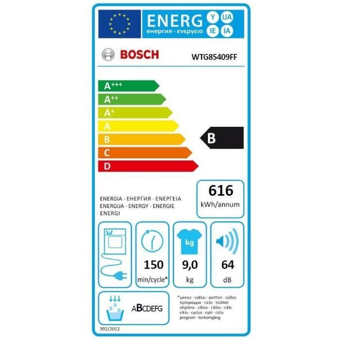 Seche-linge a condensation BOSCH WTG85409FF SER6 - 9 kg - L59,8cm - Classe B - Blanc