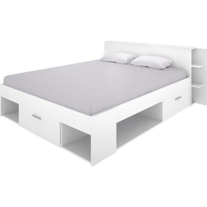 SAX Lit adulte - 3 tiroirs + Tete de lit avec rangement - Blanc - 140x190 cm