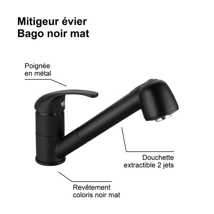 Image secondaire de Mitigeur Évier - BAGO - Douchette Extractible 2 Jets - Noir Mat - Design Classique - Installation Facile